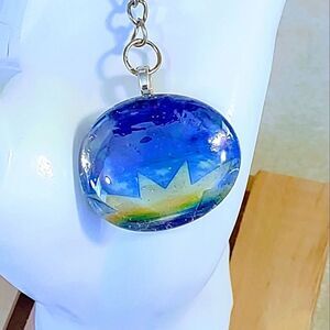 GLASS PEBBLE KEYCHAIN WITH WATER LILY INSIDE HAND CRAFTED ONE OF A KIND